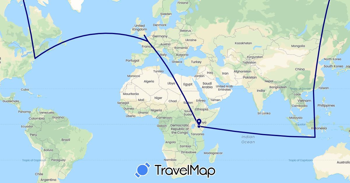 TravelMap itinerary: driving in China, France, United Kingdom, Indonesia, Kenya, United States (Africa, Asia, Europe, North America)